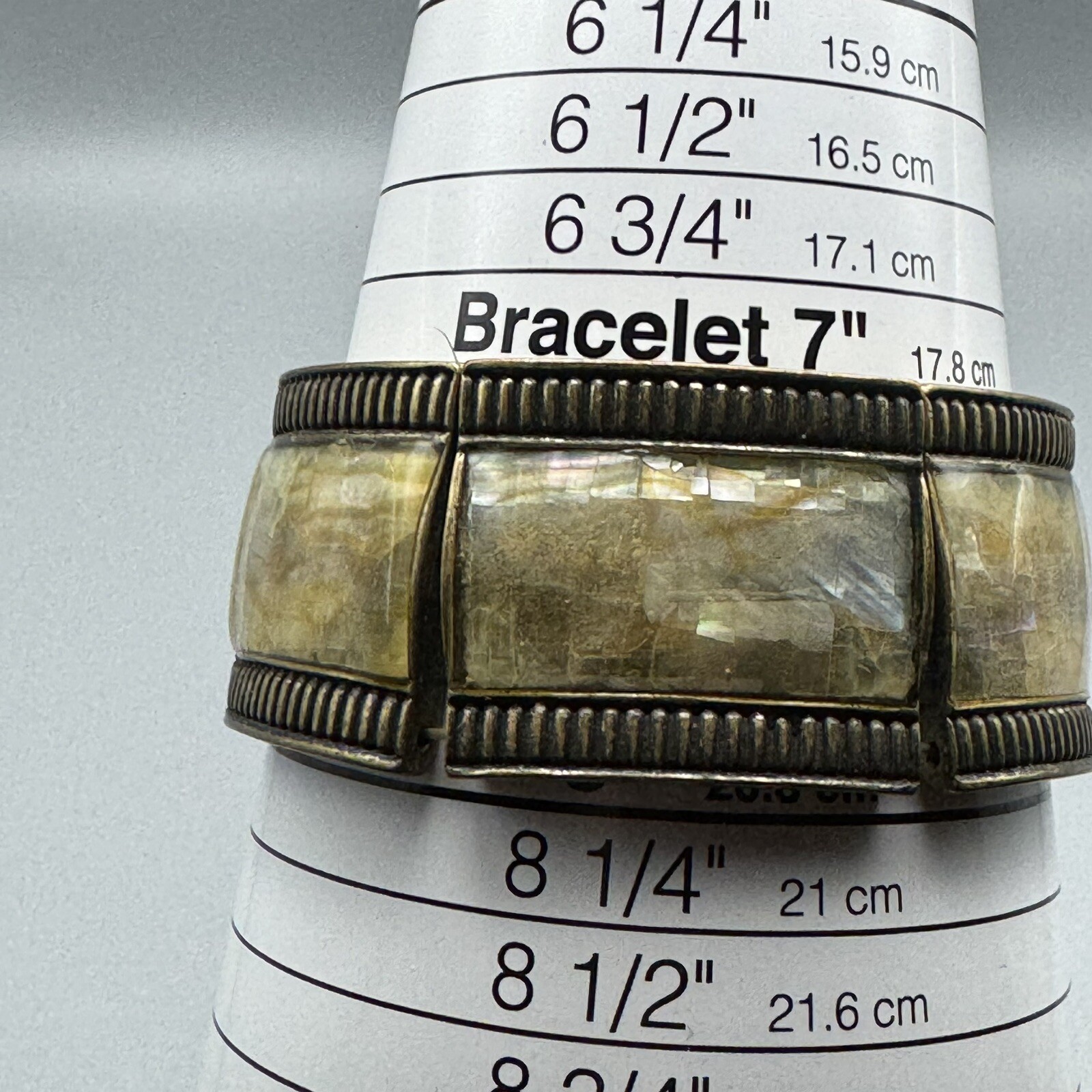 Resin Over Shell Inlay In Brass Colored Panels Stretch Bracelet Size 7 1/2”