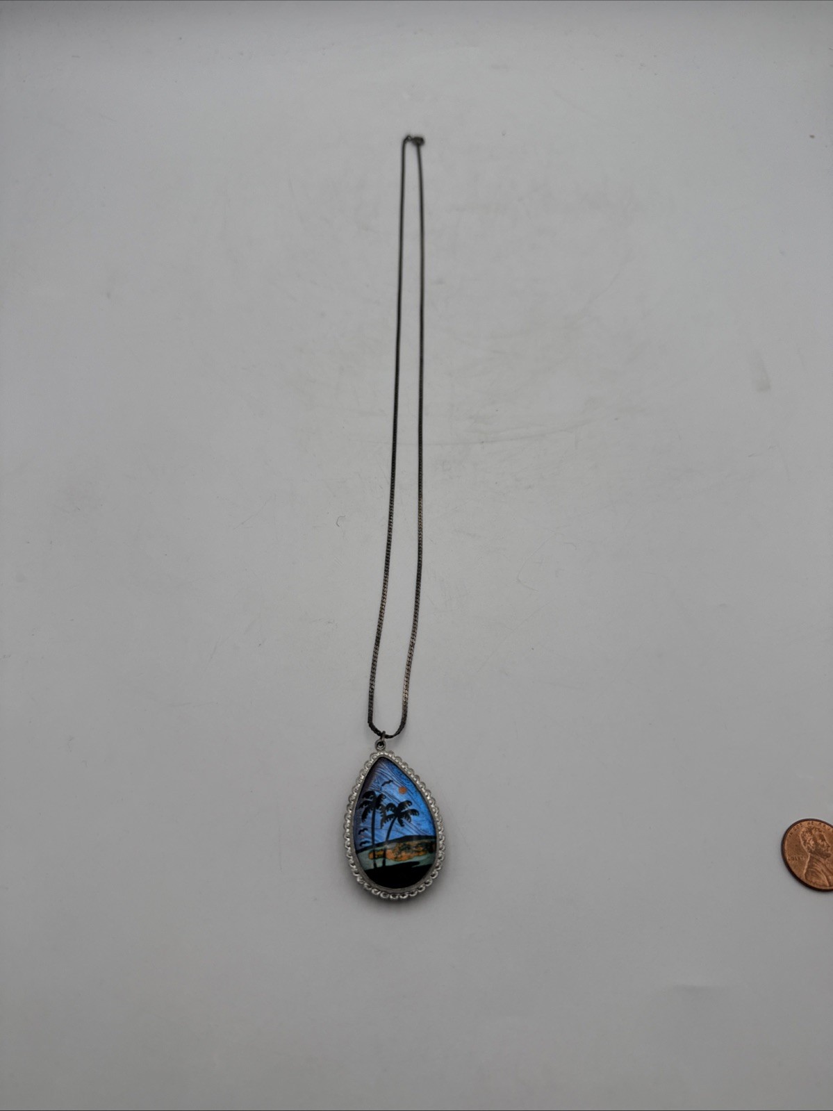 Vintage Butterfly Wing Double Sided Beach/Lake Scene Pendant Chain