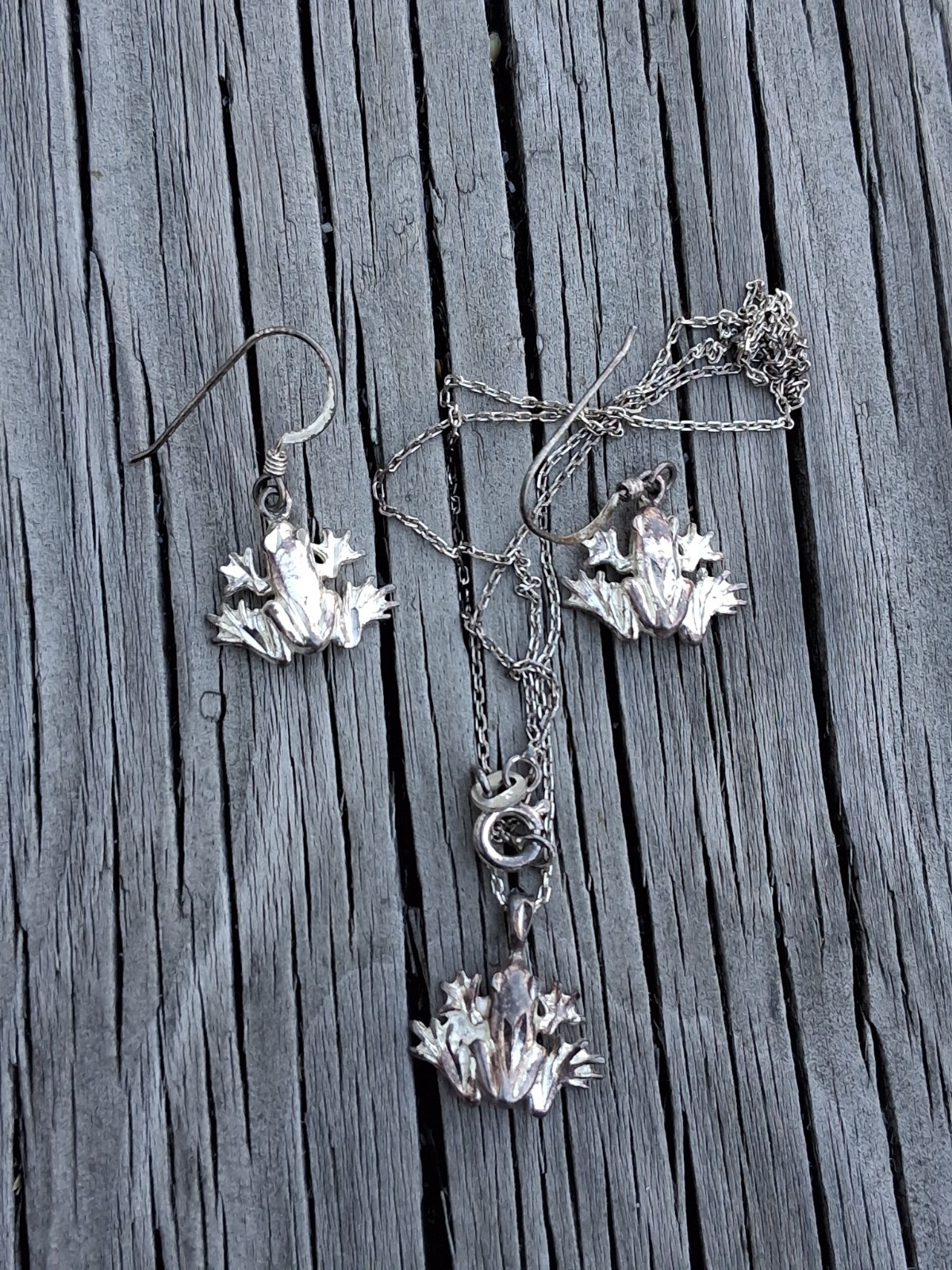 Cute Sterling Silver Frog Necklace & Earrings Set 925 Vintage Jewelry 18″ Chain