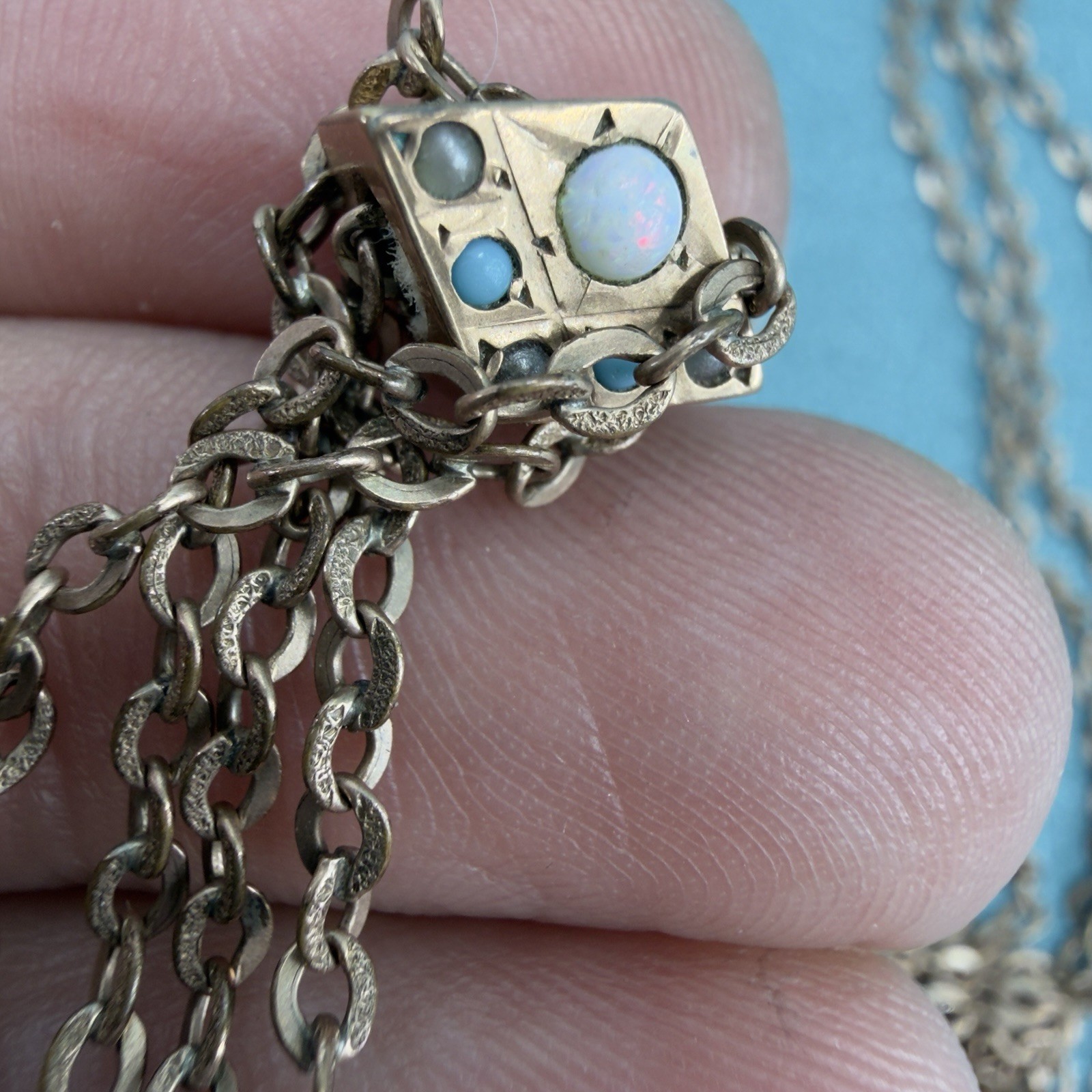 Victorian Antique 10K SOLID GOLD Pearl Turquoise SLIDE 48 GF Watch Chain D&C Fob