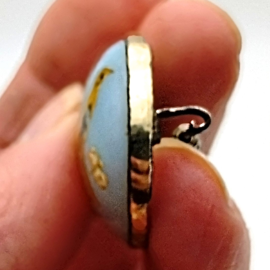 Antique Opalescent Glass Brooch Hand-Painted Birds C Clasp Victorian 1.5″