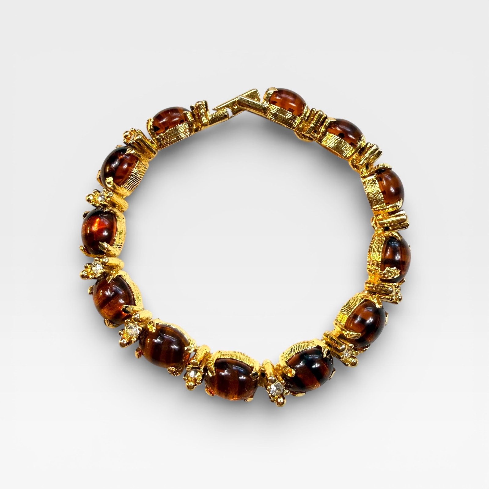Vintage Tiger’s Eye Style Bracelet, Gold Tone Rhinestone Cabochon Link 7.25”