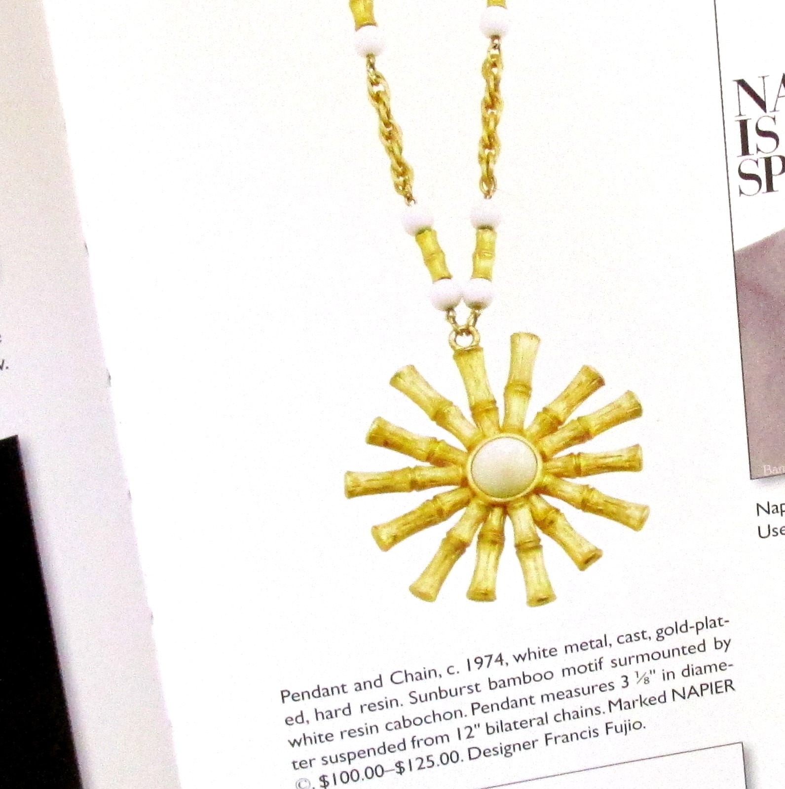 VTG RUNWAY NAPIER BOOK PC GP BAMBOO SUNBURST PENDANT NECKLACE WHITE BEAD FUJIO