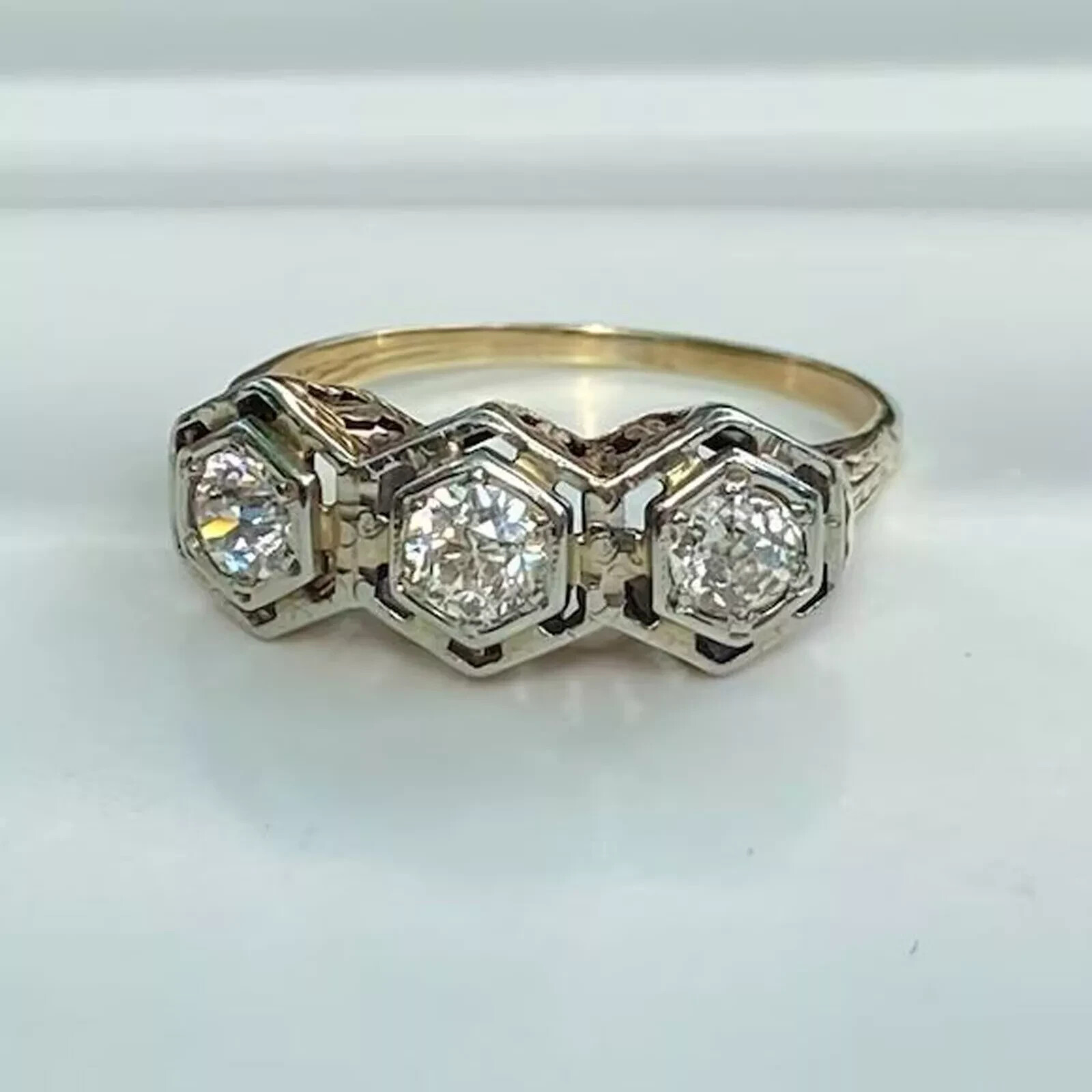Art Deco Three-Stone Round Cut Lab Created Diamond 14K Gold Finish Wedding Ring