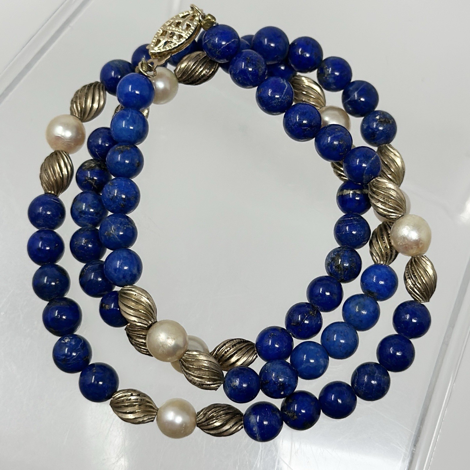 Vintage 14K Yellow Gold Polished Deep Blue Lapis Lazuli Pearl Beaded Necklace