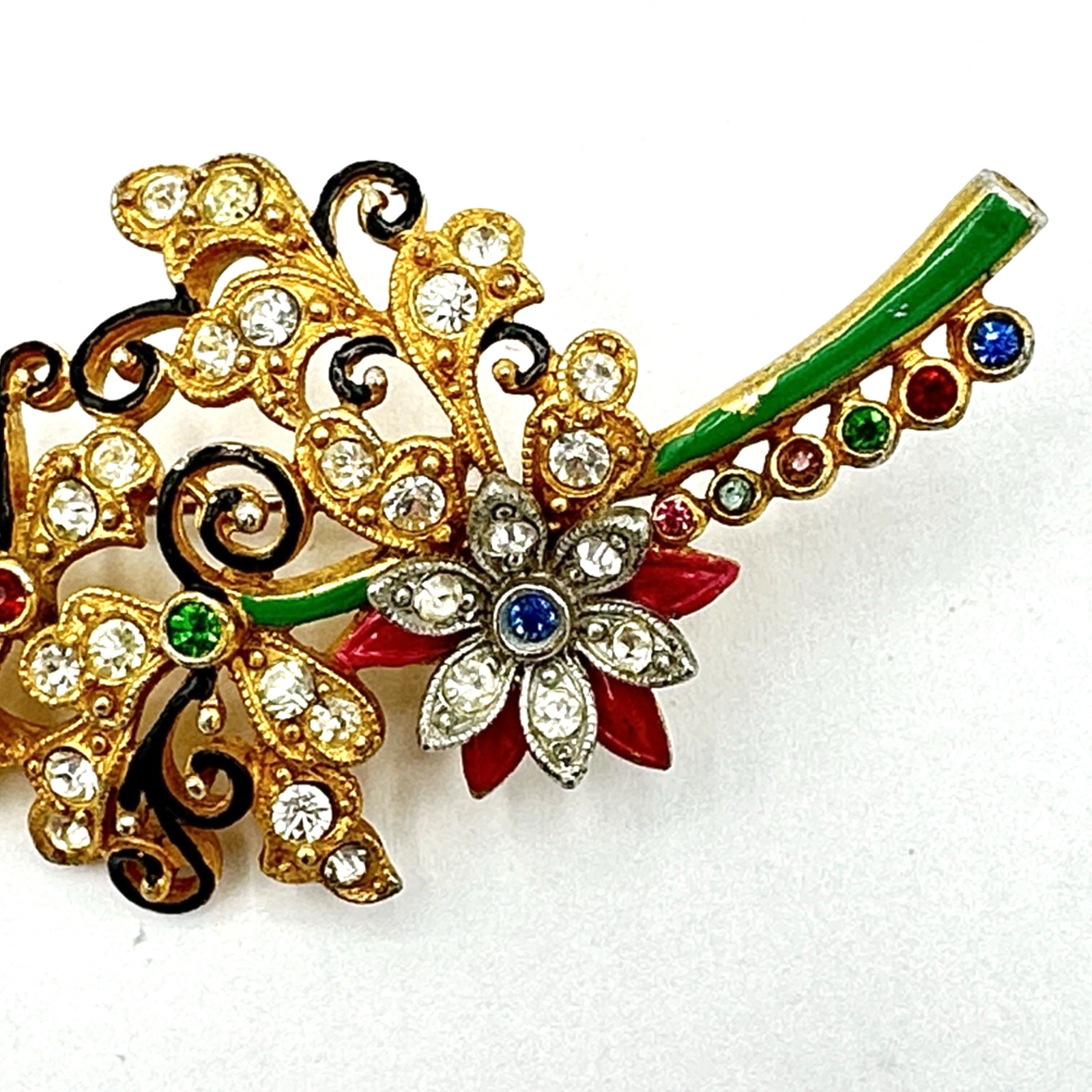 FLORAL SPRAY vintage brooch – 1940s pot metal enamel & rhinestone pin – colorful