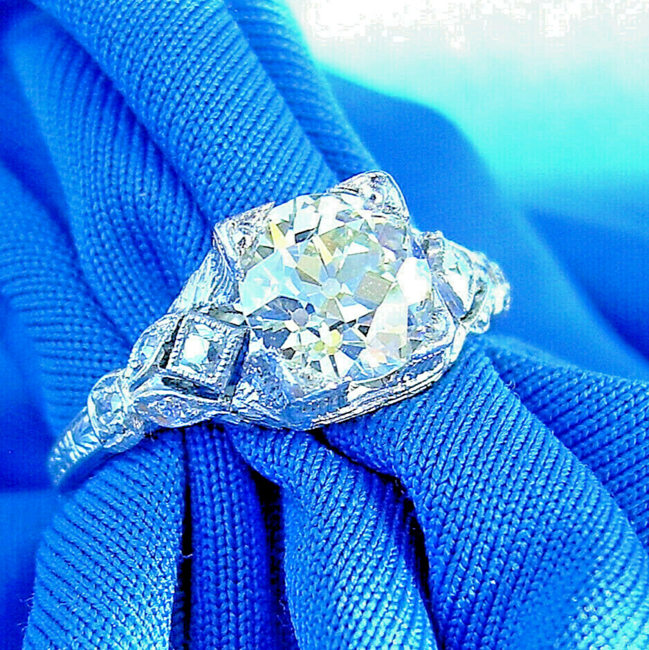 Original EARTH MINED DIAMOND Deco Engagement Ring 1.5 Antique Platinum Solitaire