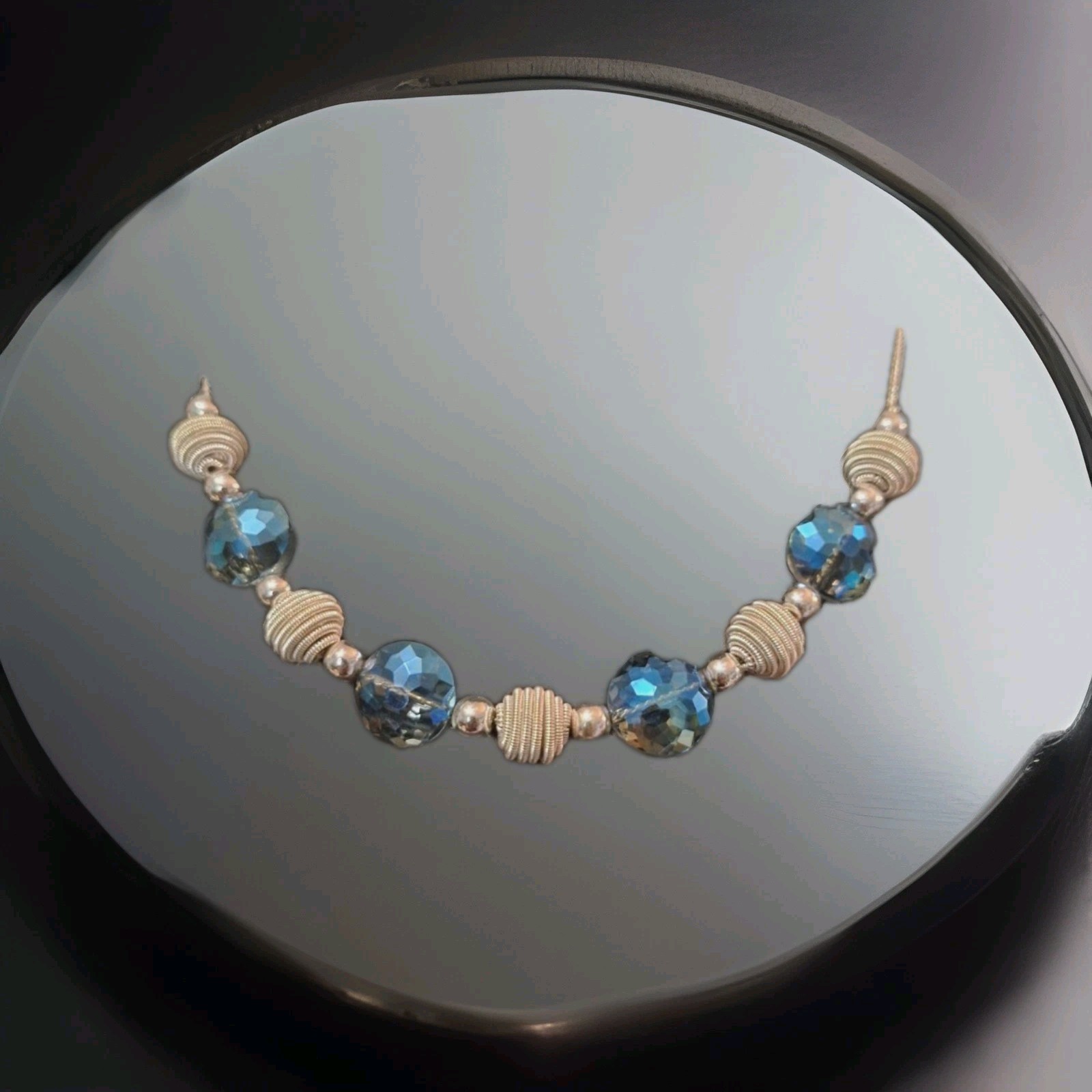 Vintage Crown Trifari Blue/Grey AB Faceted Glass And Metal Beaded Necklace
