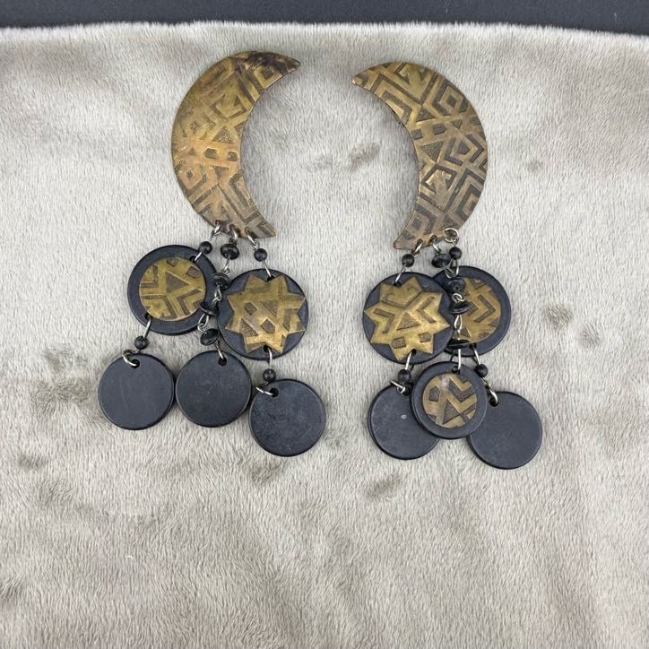 Vintage Clip On Earrings Moon Dangle Celestial Statement 80s