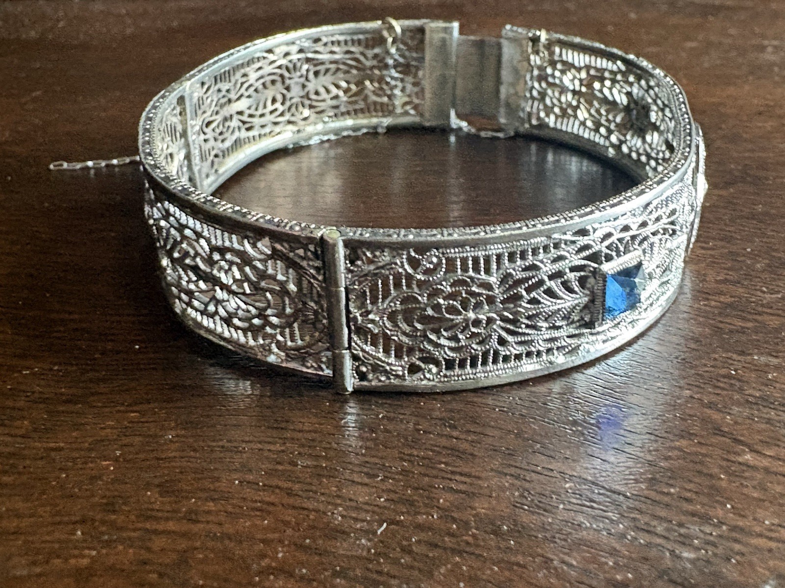 Ostby Barton OB Edwardian Filigree Bracelet Sterling Silver Blue Glass READ!