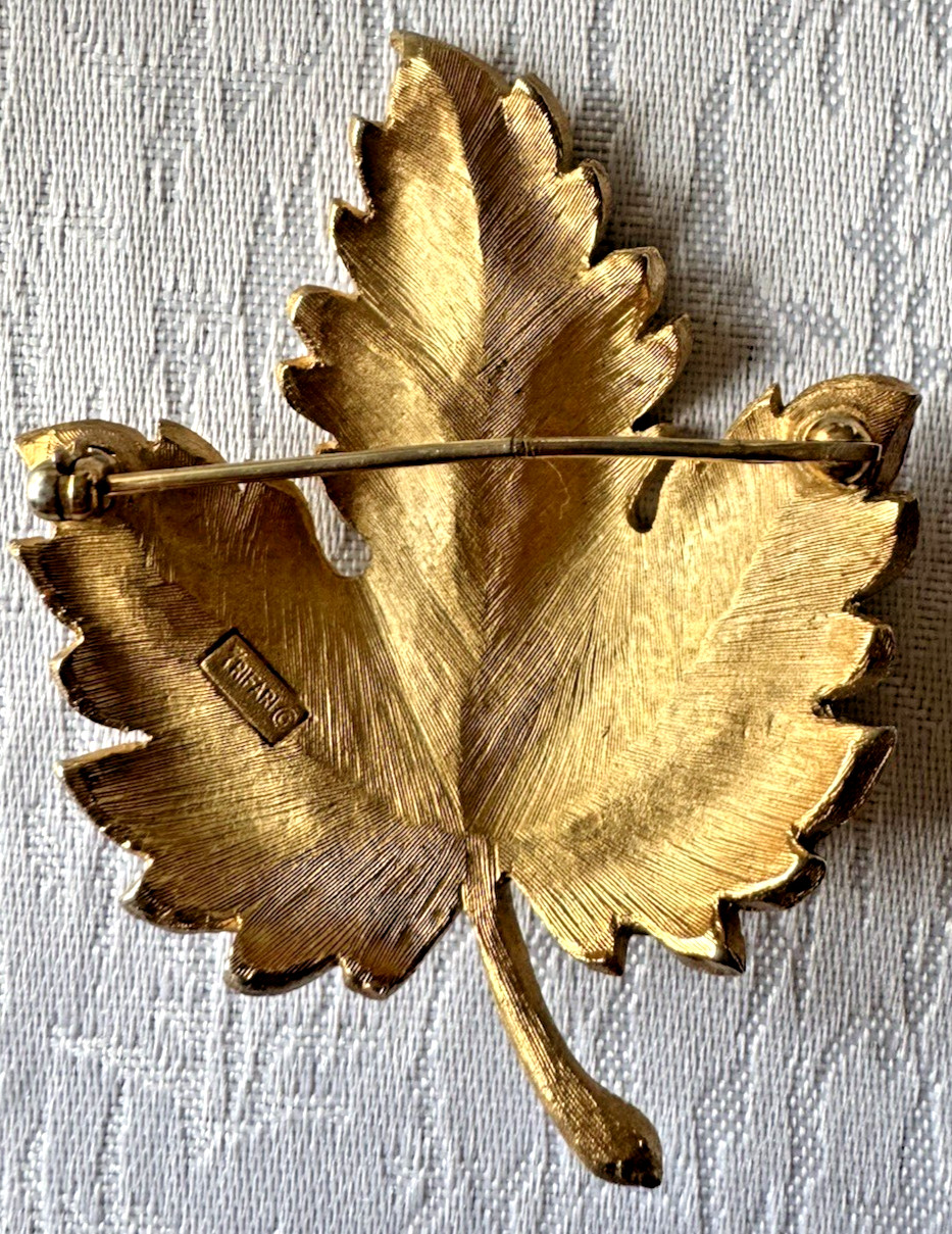 Vintage Gold Tone Leaf Brooch Signed Trifari Textured Mid Century Costume Jewel
