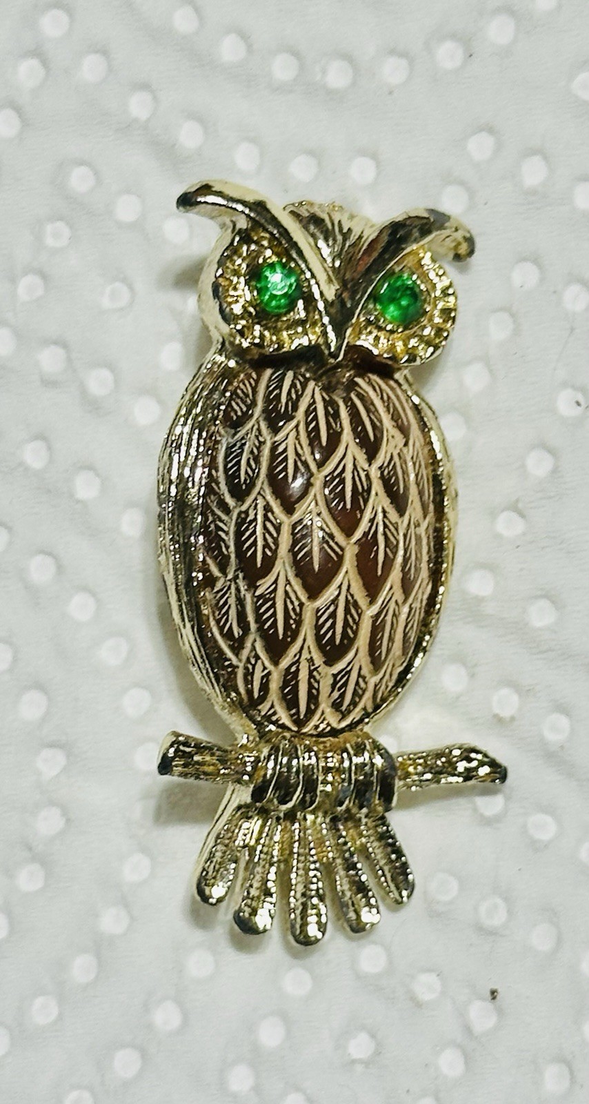 Vintage Owl Green Rhinestone eyes/Brown Belly Gold Tone Brooch/Pin