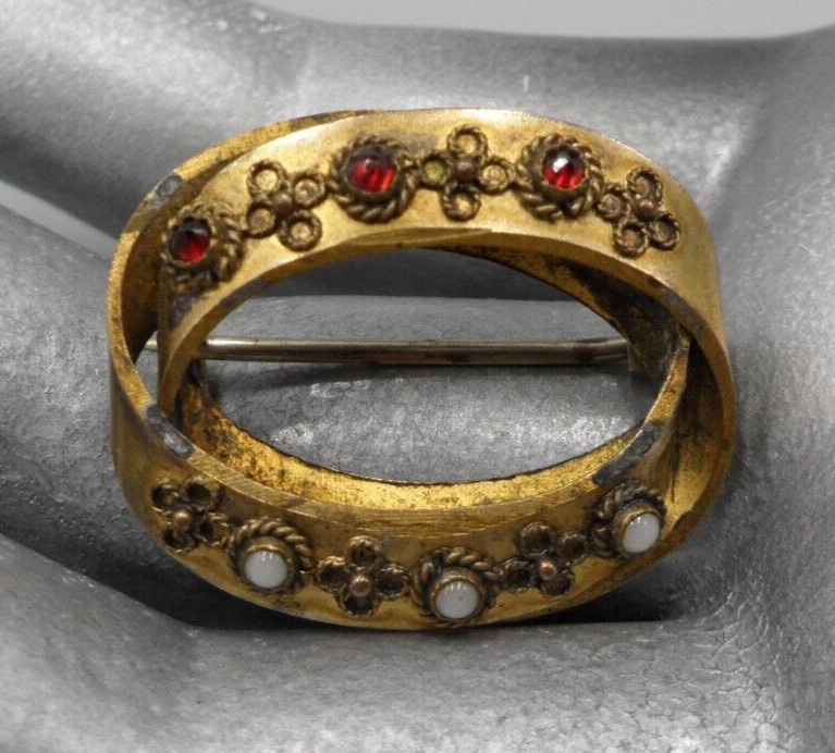 Antique Victorian Brooch Intertwined Ovals Rose Cut Red White Bezel Set Stones