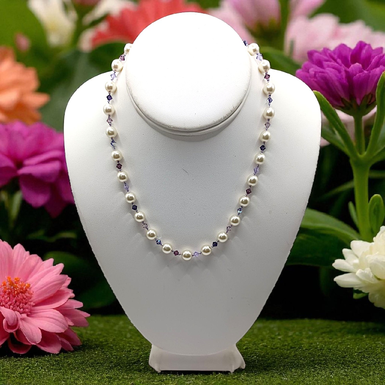Vintage Purple Crystal Faux Pearl Necklace Beaded Hand Knotted Sterling Silver