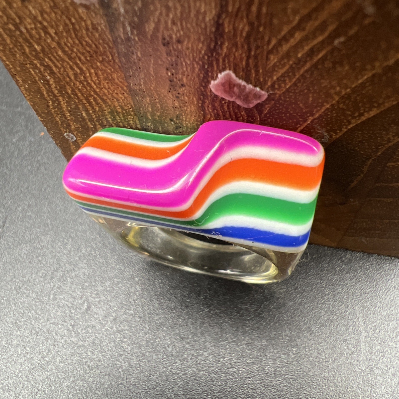 Acrylic/Resin Rings/Multi Stripe (8) and Orange w/Floral Design (9) /70s Style