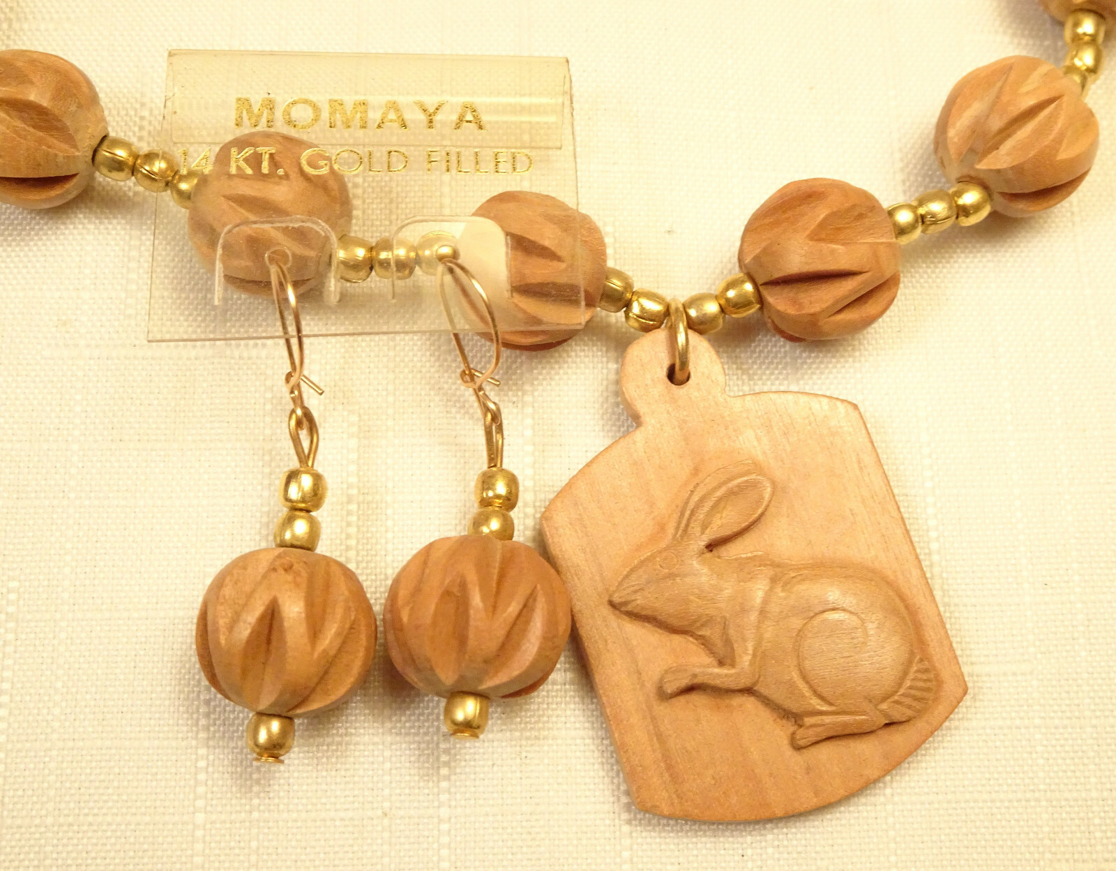 Rabbit Necklace & Earrings Set 14K Gold Filled Sandalwood NOS Tags Momaya India