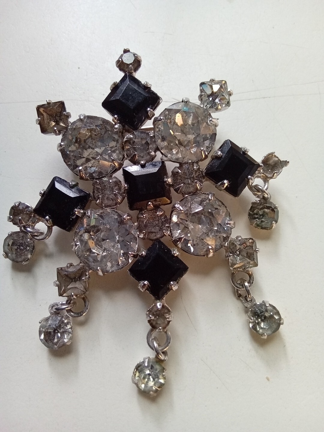 Snowflake Black & White Brooch Pendant Rhinestones 1 Missing See Pictures
