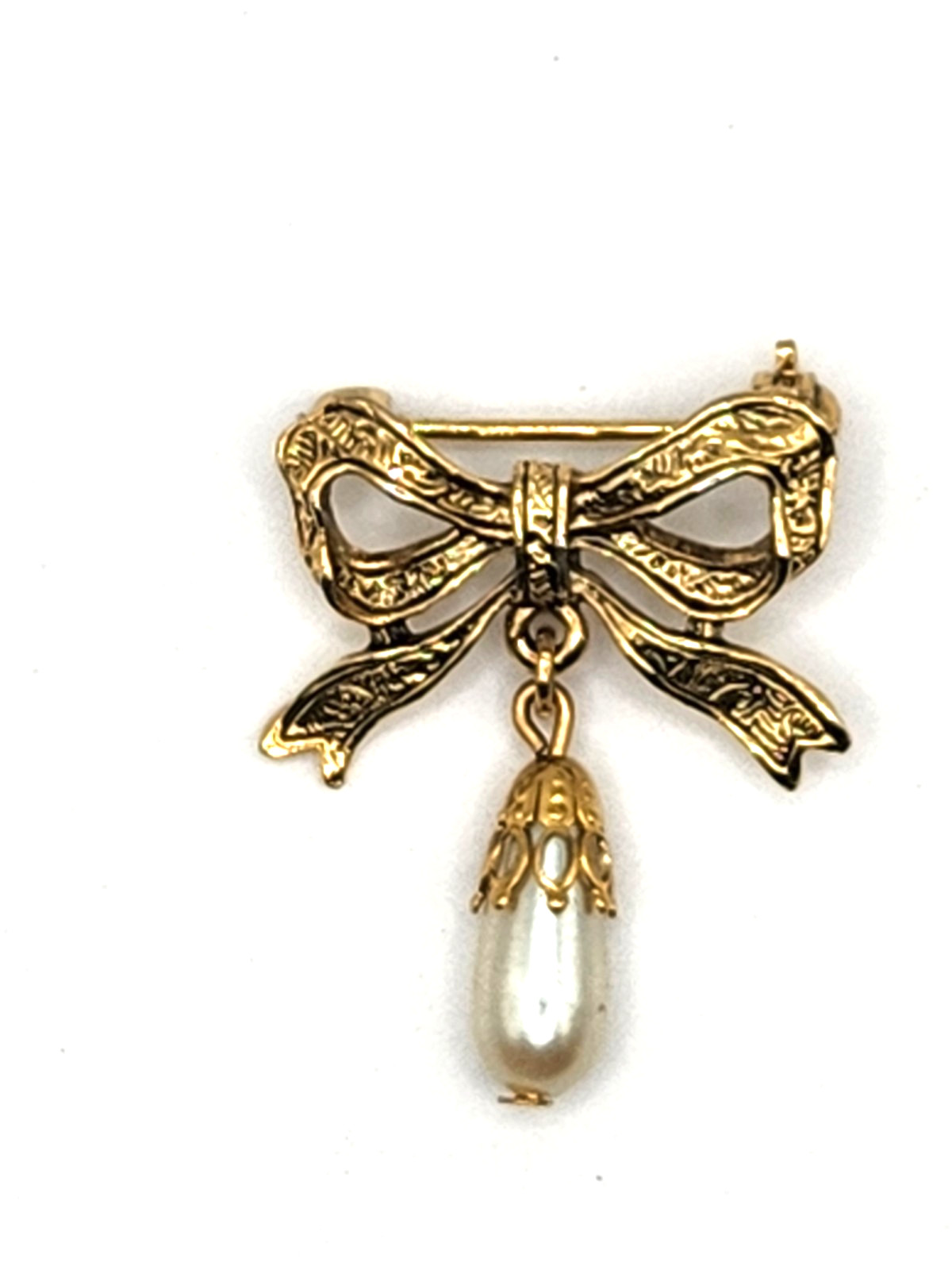 Victorian Revival Style Embossed Bow Brooch w Pendant Teardrop Faux Pearl Drop