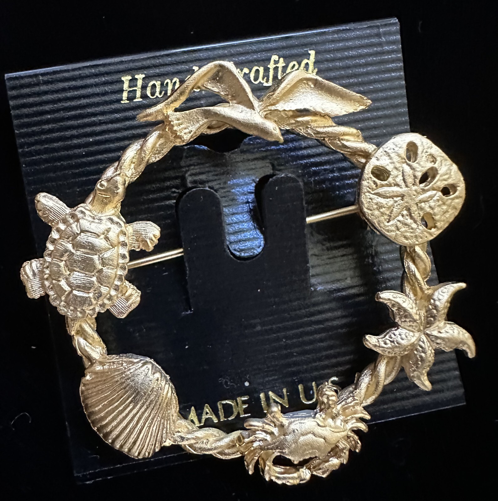 Circle Pin vintage with sea creatures handcrafted 2″ brushed gold still on !