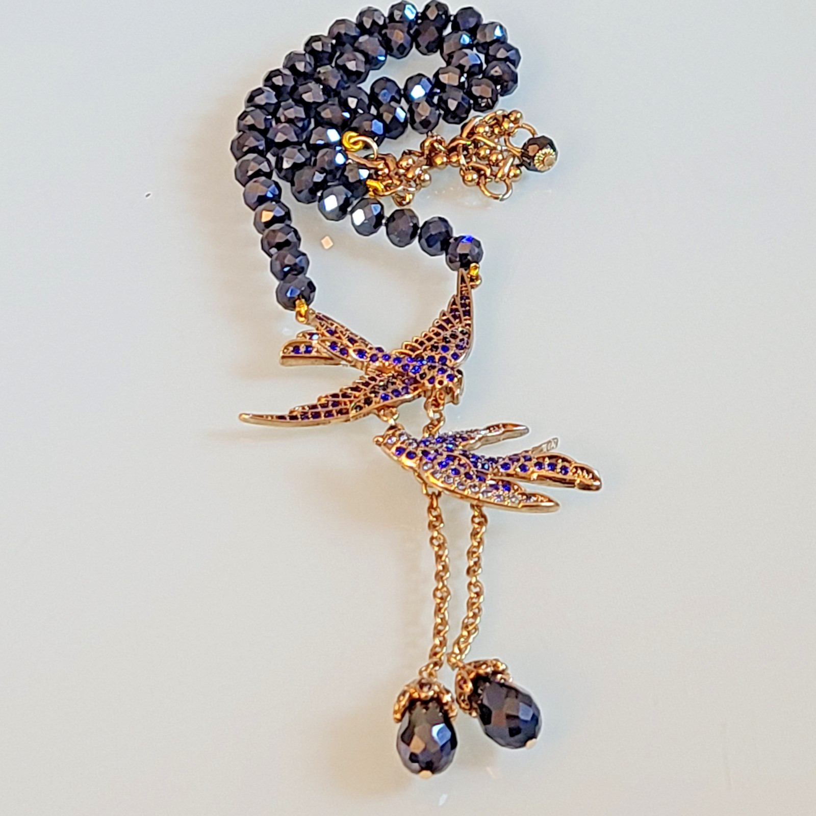 Signed Lihangyuan Twin Flying Birds Necklace Blue Rhinestone Black Bead 5″ Drop