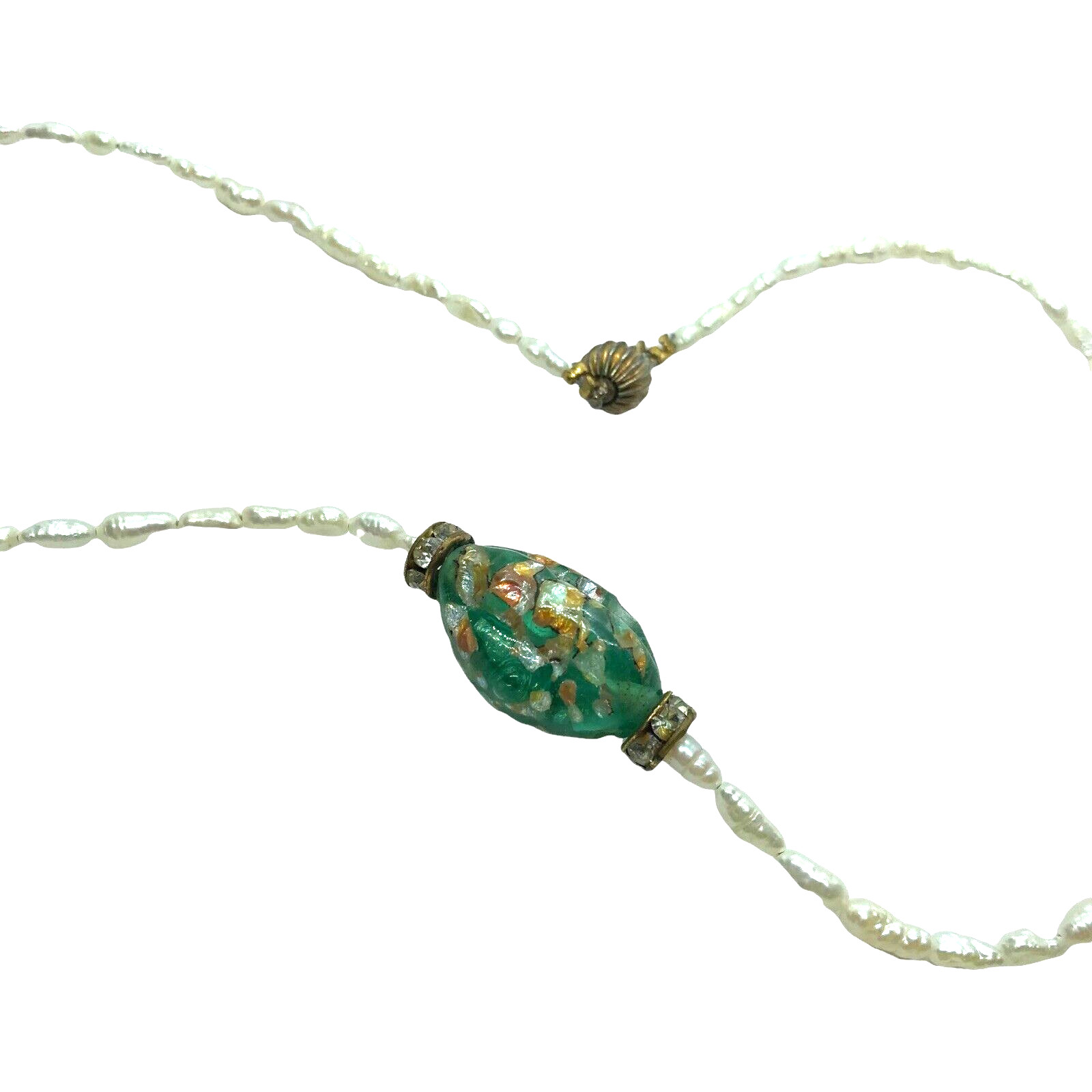 Vintage Artisan Baroque Pearl Dainty Strand Necklace Green Foil Art Glass Beach