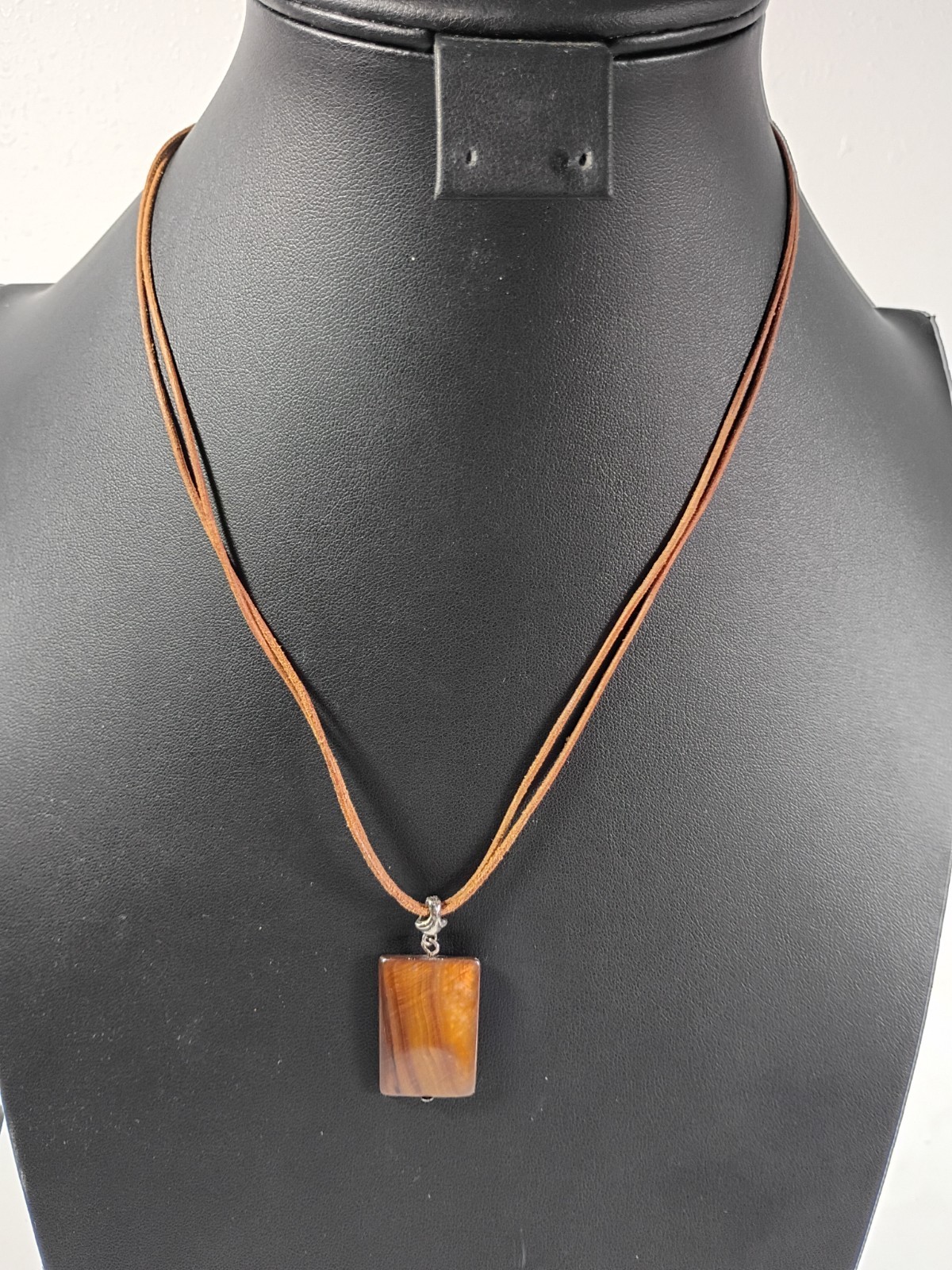Rectangle Tiger Eye Brown Shell Penadant Necklace Brown Leather Cord 925 Silver