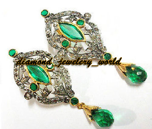 Gorgeous 1.87ctw Rose Cut Diamond Emerald Studded Silver Vintage Earring Jewelry