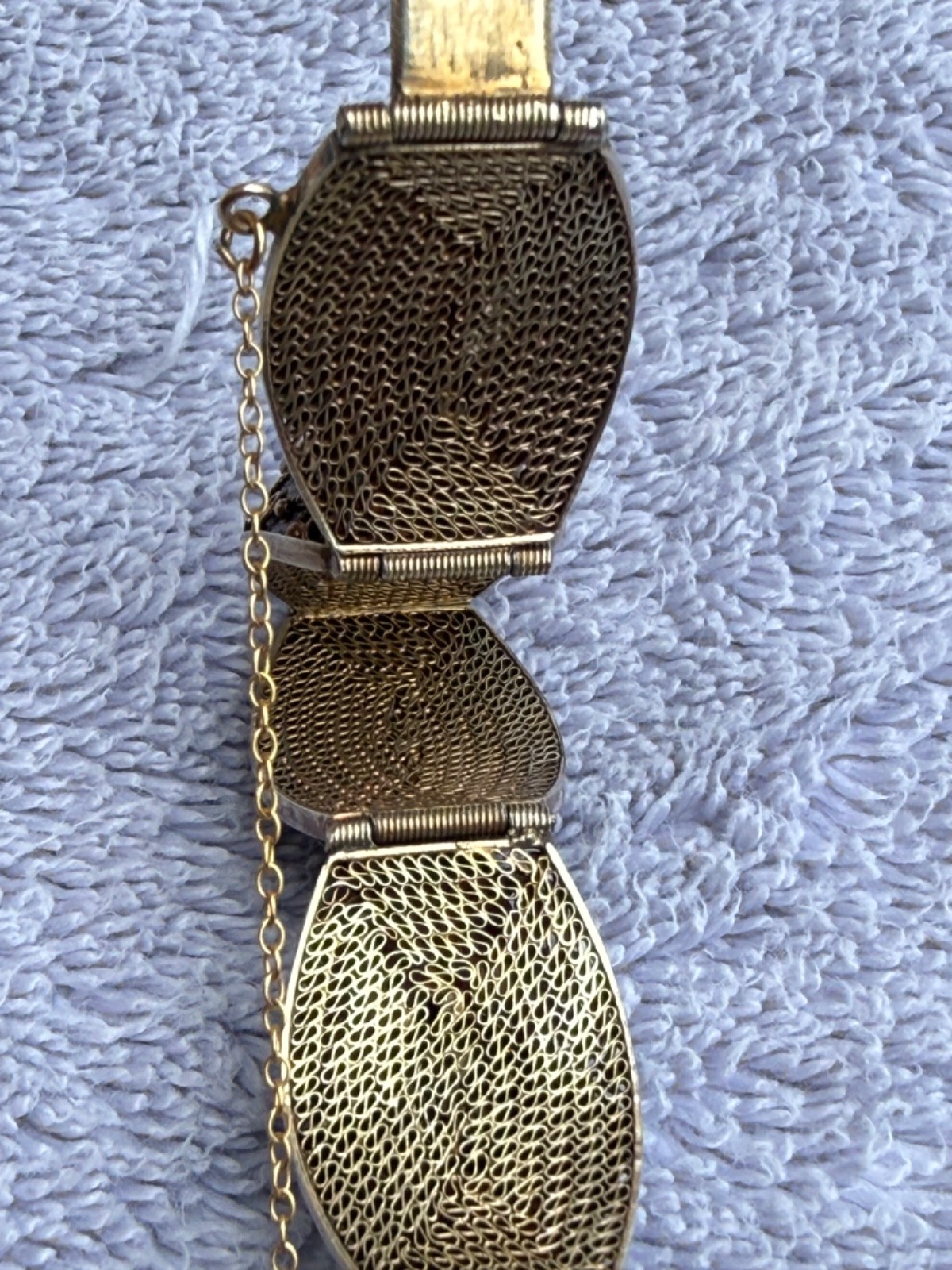 Chinese Export Silver Gilt Filigr Bracelet with Enamel and Tiger’s Eye Cabochons