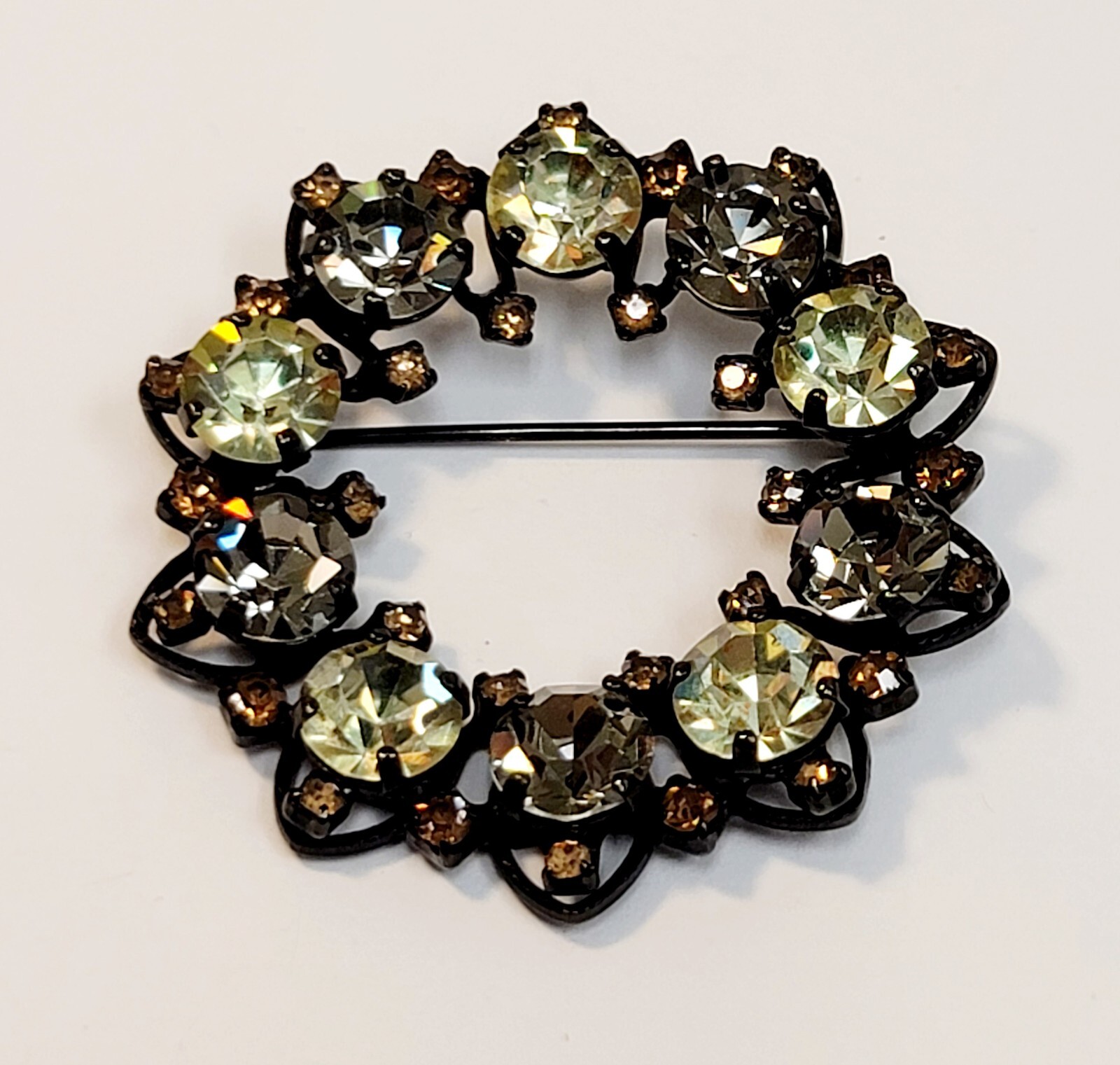 Joseph Warner Wreath Brooch Vintage Light Topaz Rhinestones Japanned Back Signed