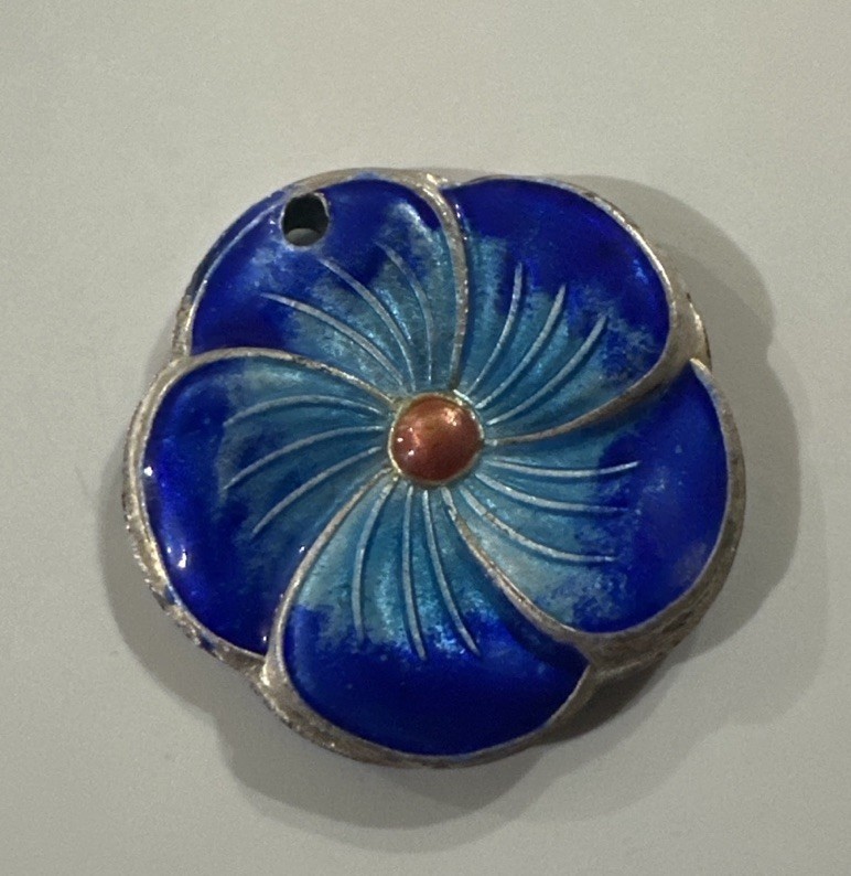 Vintage Chinese Champlevé Enamel Flower Pendant Blue Enamel- 1 3/8” Pendant Only