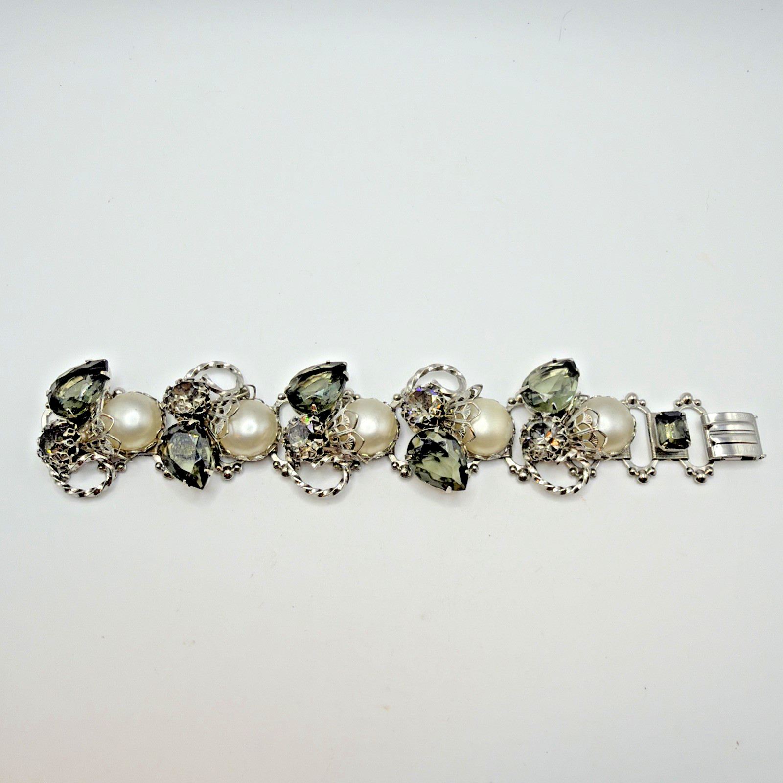 Vintage Silver Toned Bar Link Bracelet Smokey Glass Faux Pearl Size 6.5