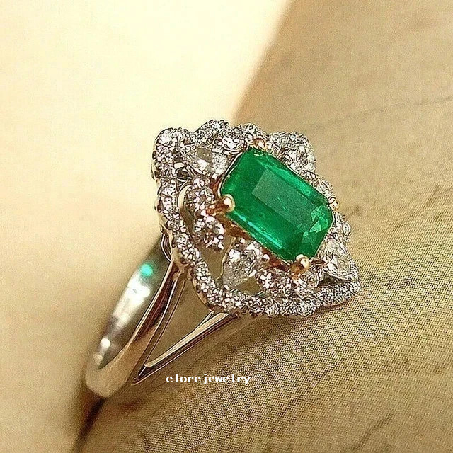 3Ct Lab Emerald Art Deco Ring 14K White Gold Plated Halo Engagement Wedding Band