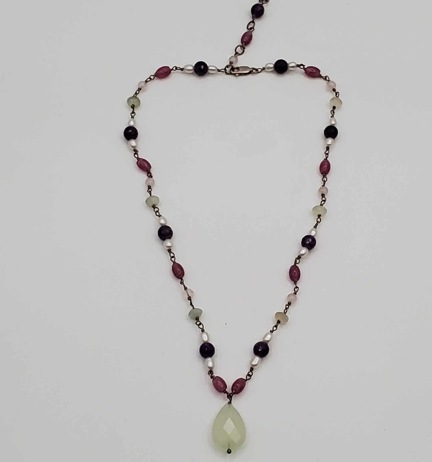 VTG 925 Pearl and Gemstone Jade Teardrop Necklace 18in Sterling Silver 12gtw