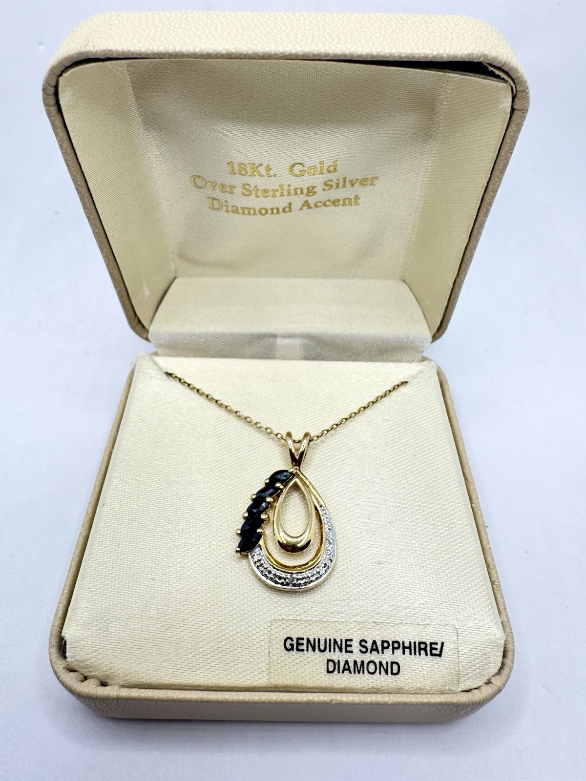 Vintage Sapphire Diamond Necklace 18” Sterling Silver 18k Gold Plated-Unused