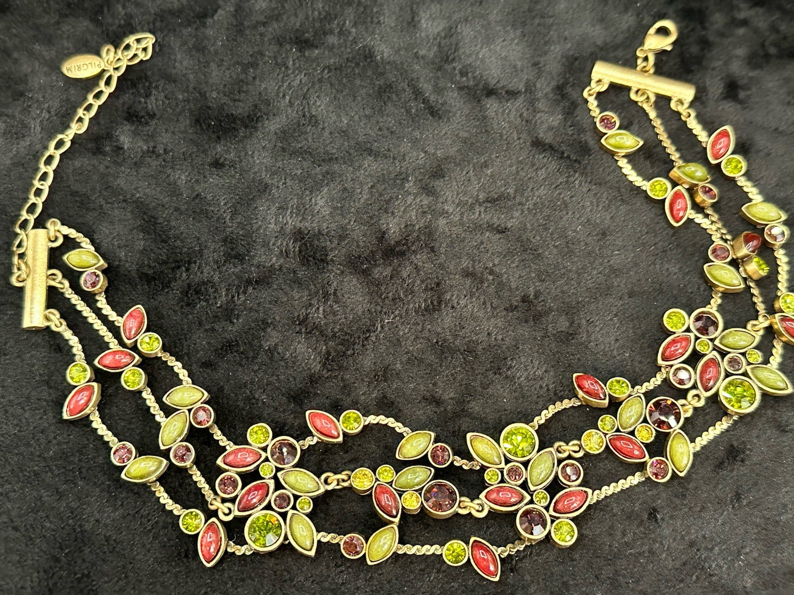 Vintage Pilgrim Danish Design Triple Chain Brass Choker Necklace w/Red Stones