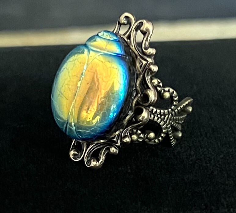Scarab Ring Tall Egyptian Beetle Antique Czech Glass Egyptian Revival Jewelry