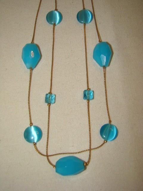 Dainty Vintage OPALINE Blue Cut Glass Double Strand Choker Necklace