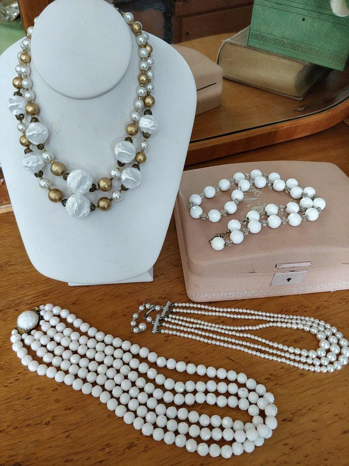 Lot of 4 Vtg Retro Acrylic 1, 2 & 3-Strand Beaded Necklace Japan Hong Kong