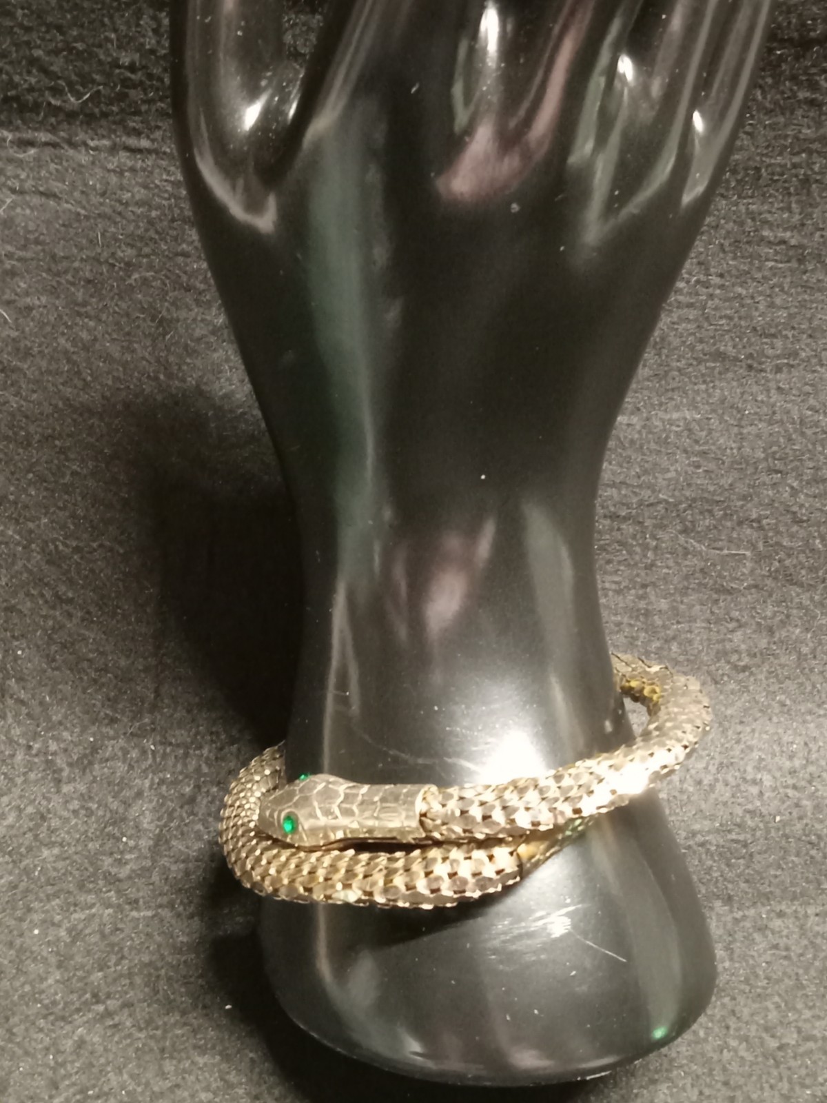 Vtg Silver Tone Snake Serpent Cobra Green Eyes 1 Coil Mesh Wrap Bangle Bracelet