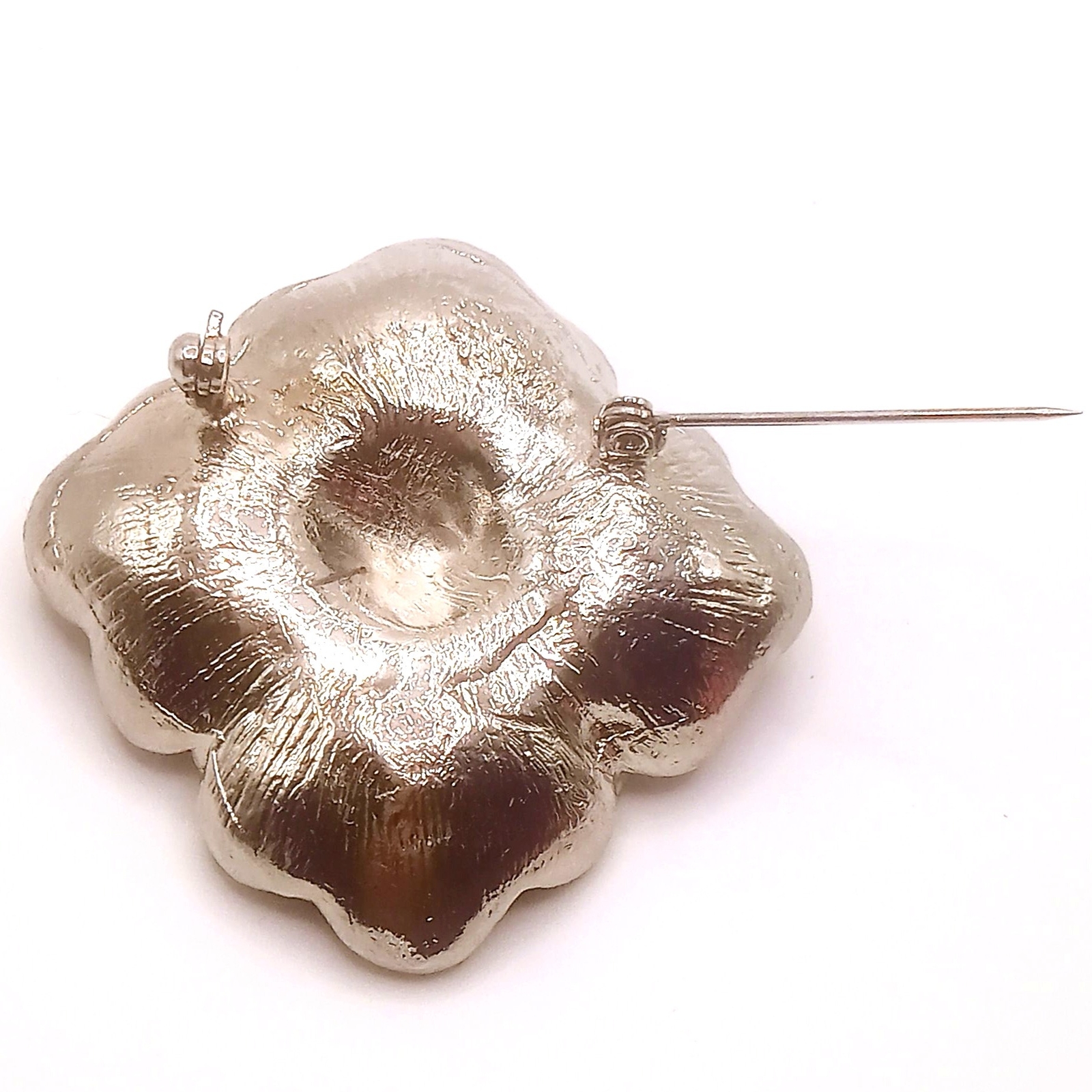 Vintage Brooch Floral Silver-tone Metal Alloy Red Enamel Rhinestone 2″ Diameter