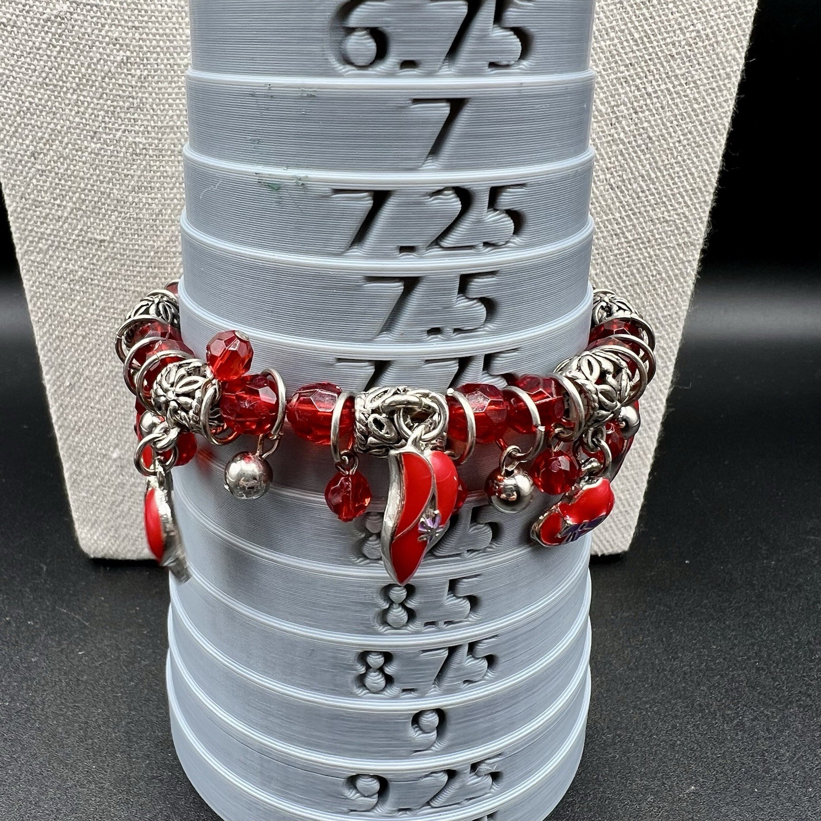 Vintage Dangle Charm Bracelet Red Enamel Hat Charms Filigree Spacer Beads