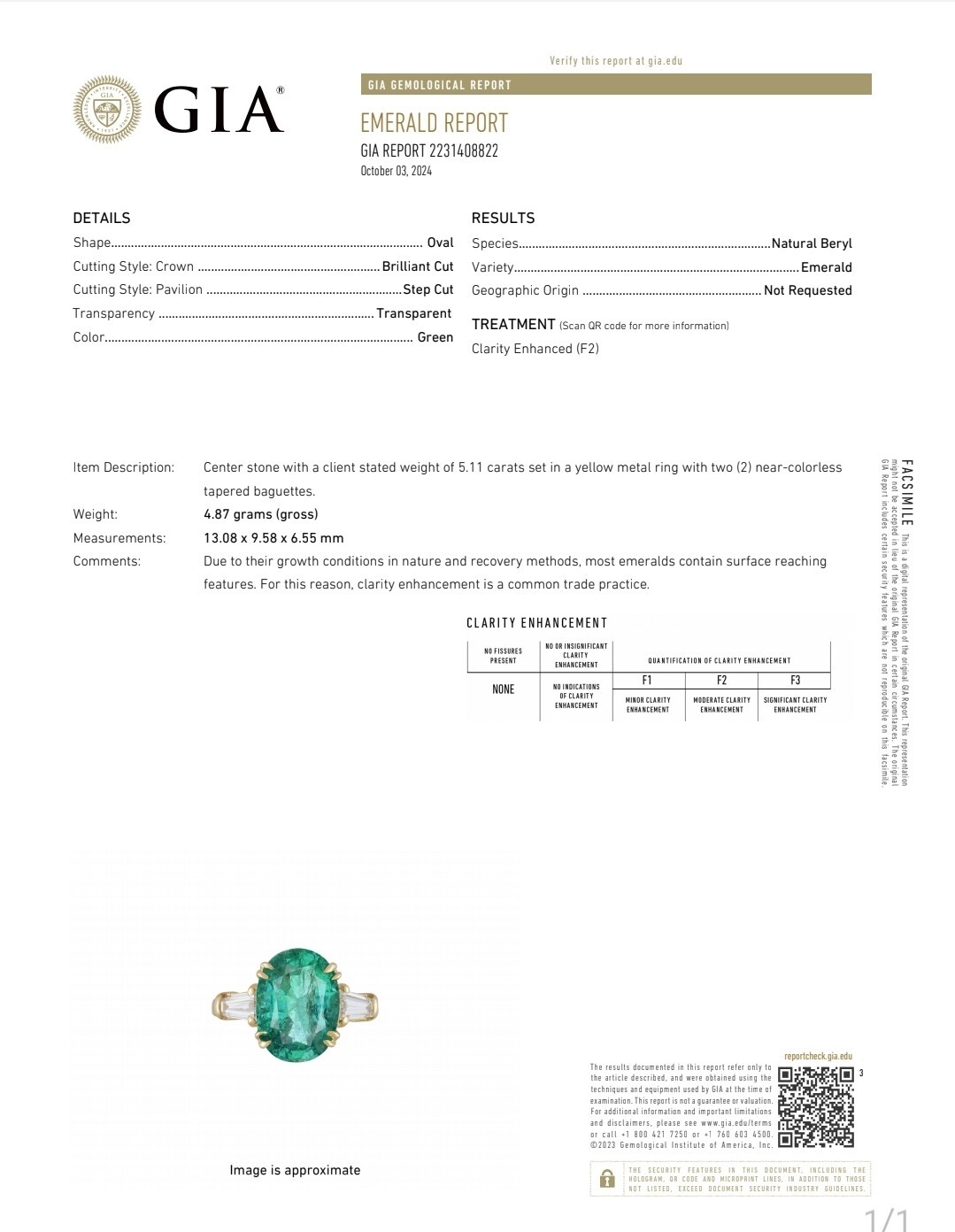 14K Yellow Gold Engagement Ring 5.11CT.Natural Green Emerald Oval Shape GIA Cert