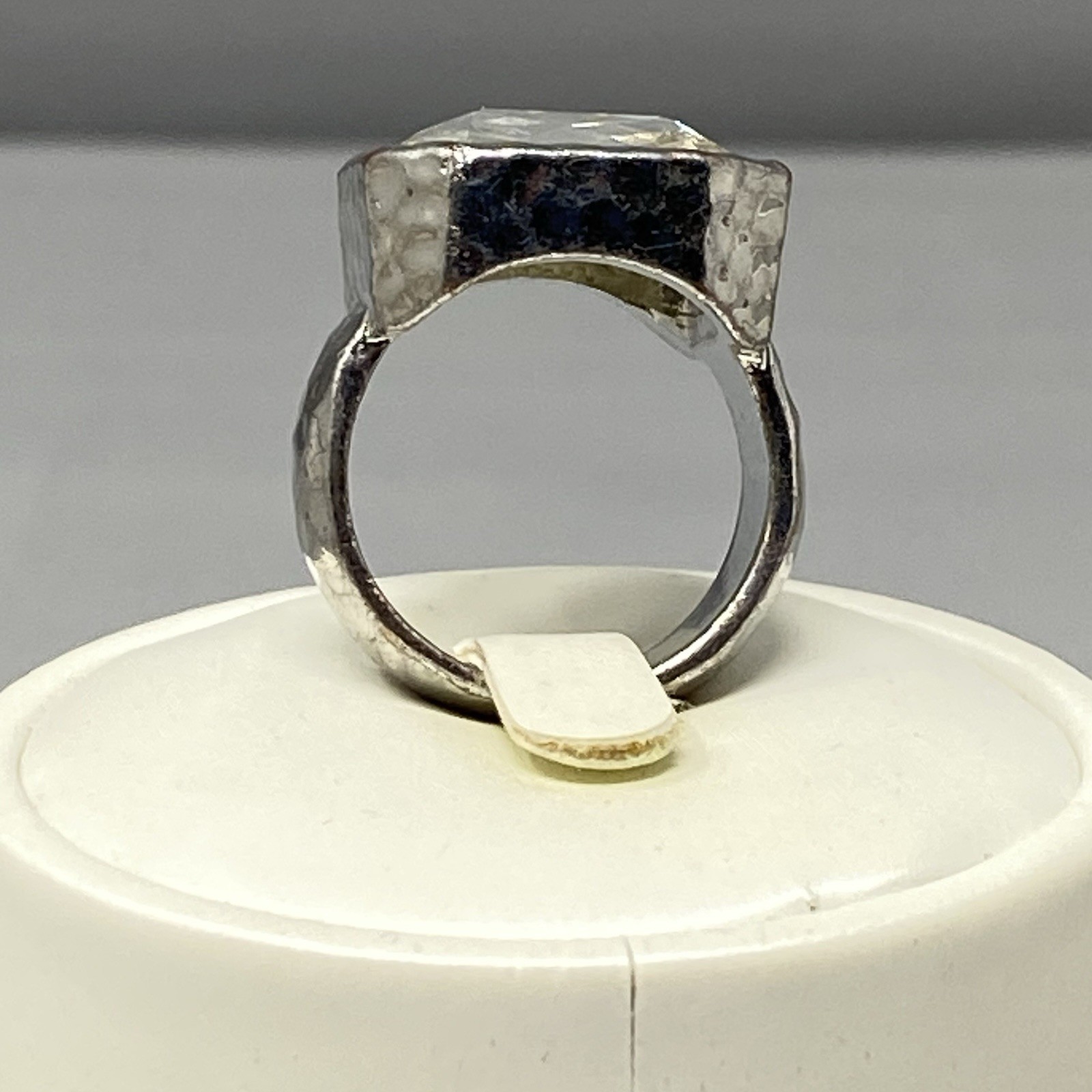 Large Rhinestone Ring Clear Glass Silver Tone Band Bezel Set Wide Band Sz 7.75