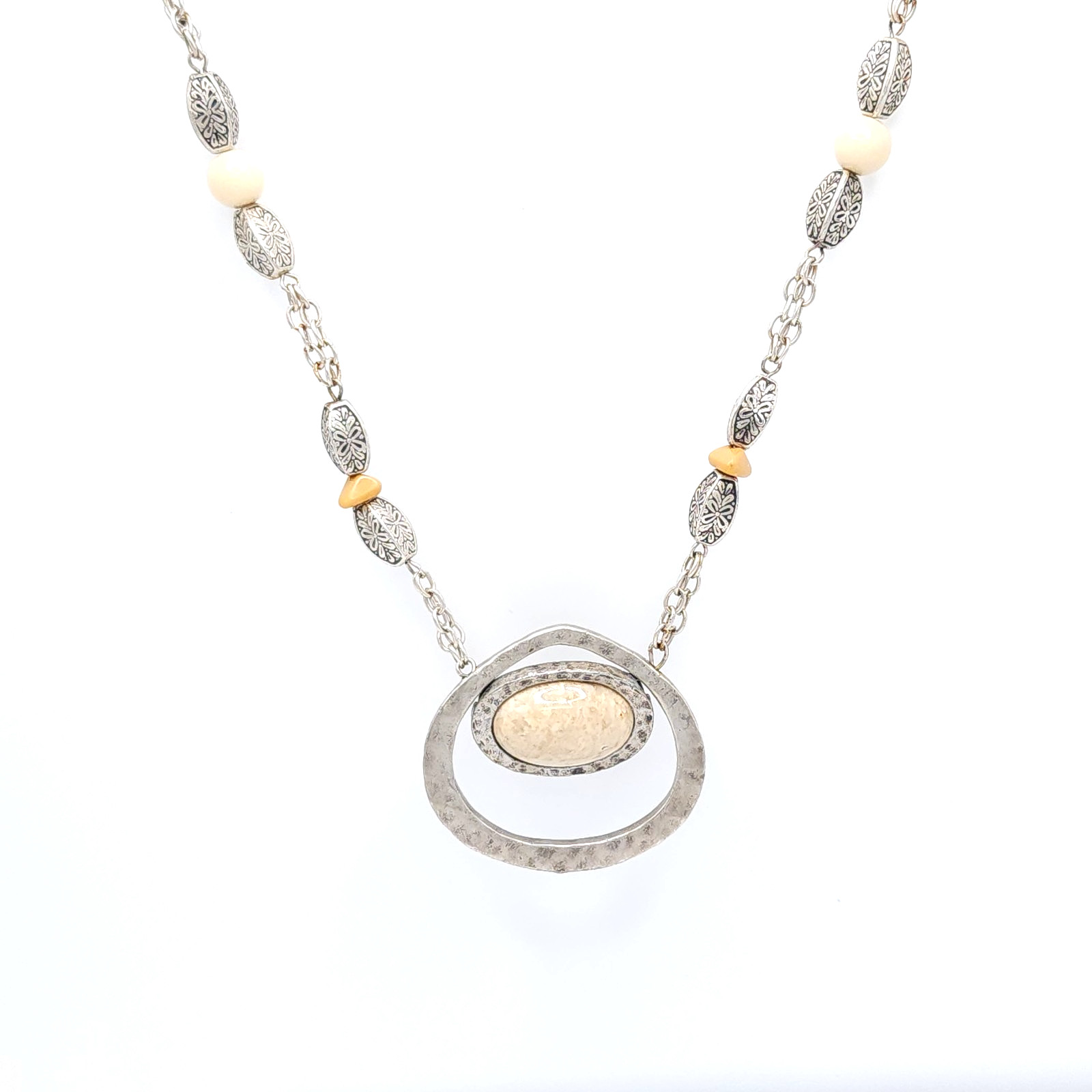 Vintage Avenue Signed Necklace Silver Tone Cream Stone Statement Pendant 18-21in