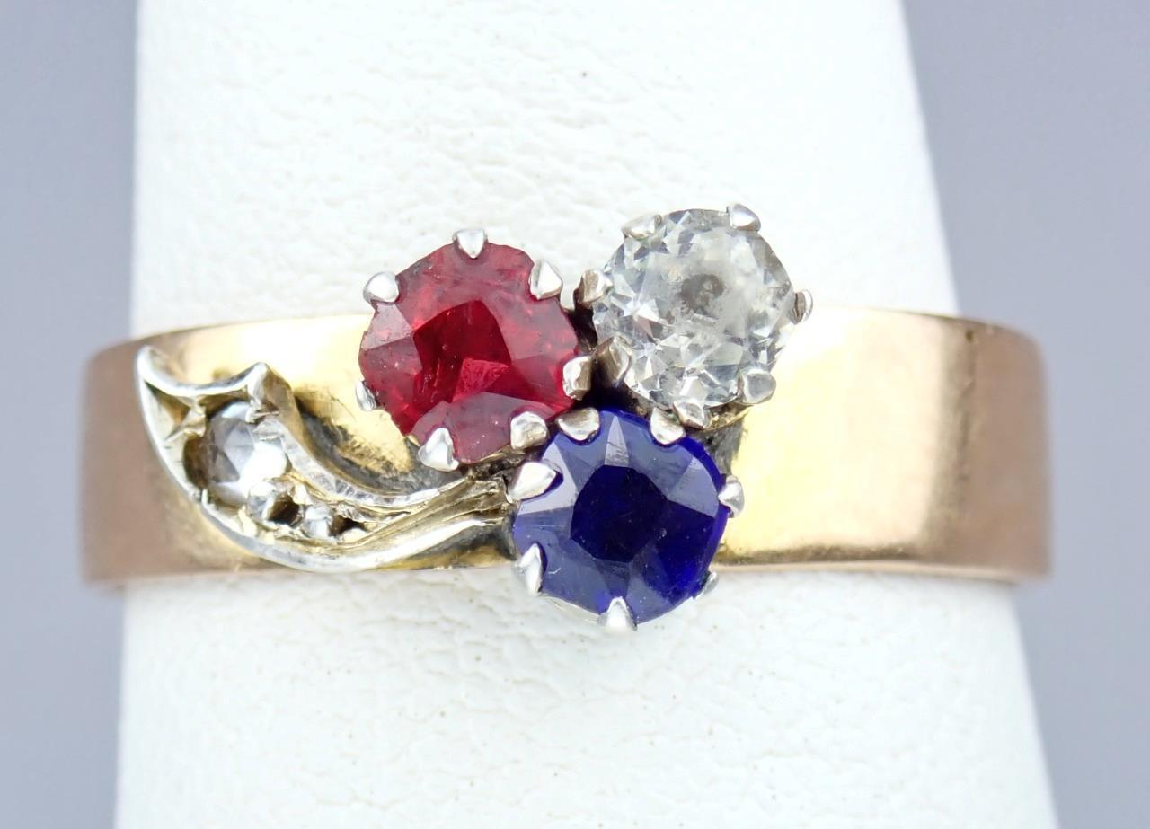 Charming Antique Victorian 14K Rose Gold Red White Blue Paste Floral Ring Size 8