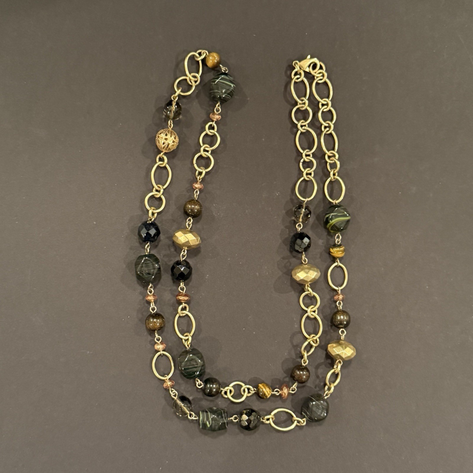 36″ Gold Tone Large Oval Chain Necklace Glass & Faceted Metal Beads