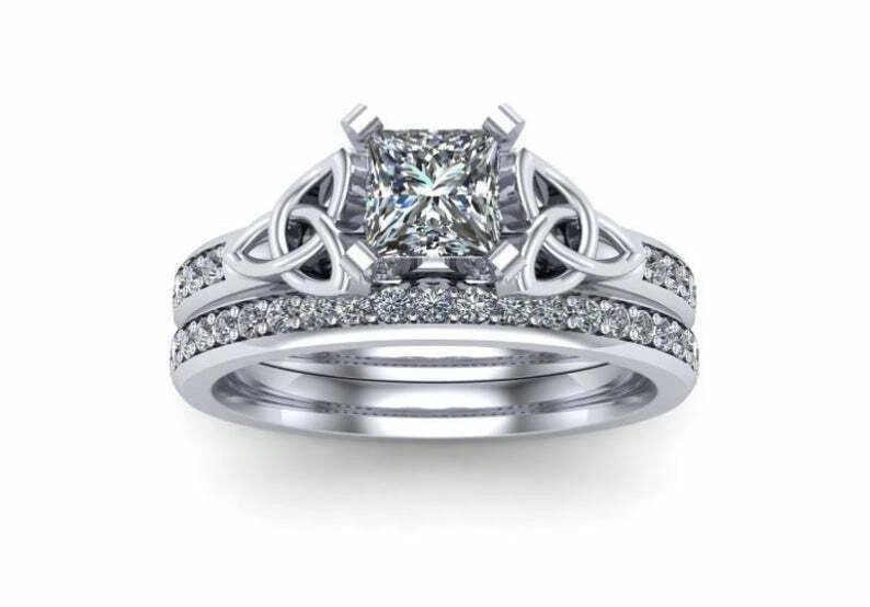 2.00Ct Princess Cut Lab Created Diamond 925 Silver Engagement Bridal Ring Set