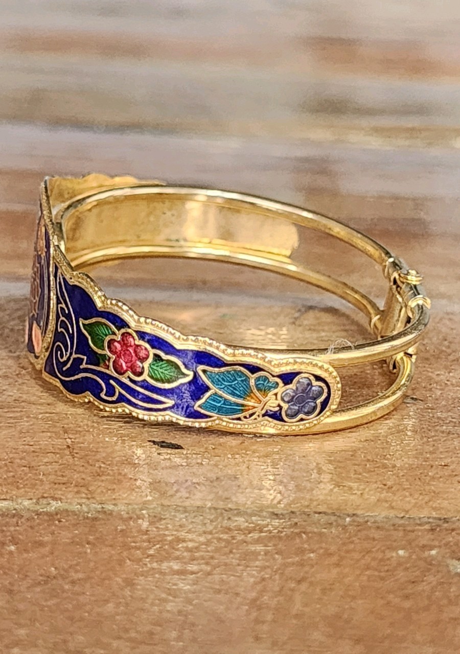 Vintage Cloisonne Cobalt Blue Floral Butterfly Enamel Bracelet Gold Tone