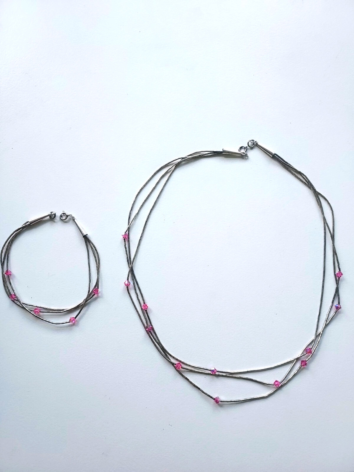 Vintage Silver Necklace & Bracelet 1990’s Pink Crystals Beautiful! 9″ drop