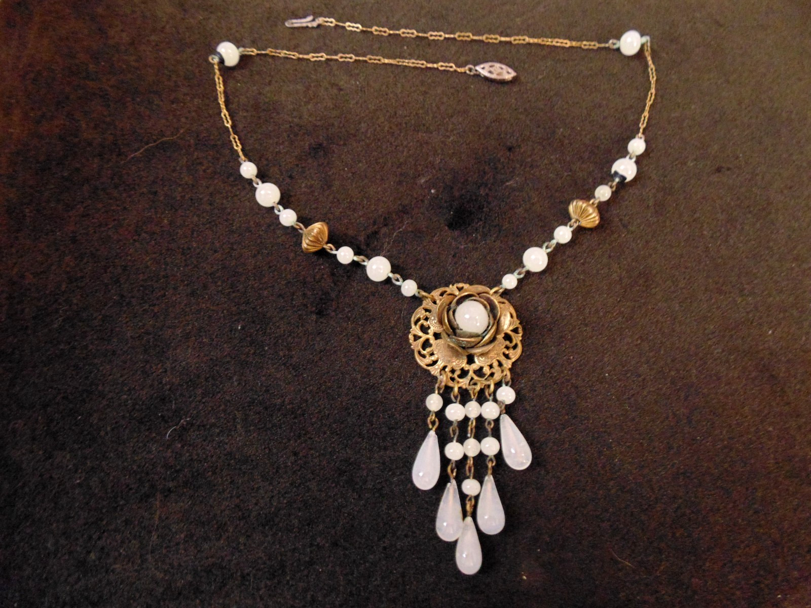 Victorian Antique Brass Filigree Opaline Glass Bead Pendant Choker Necklace 15.5